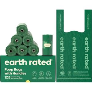 imageEarth Rated Dog Poop Bags with Handles Extra Wide Easy Tie and Guaranteed Leakproof Unscented 120 Handle Bags105 Handles on Rolls